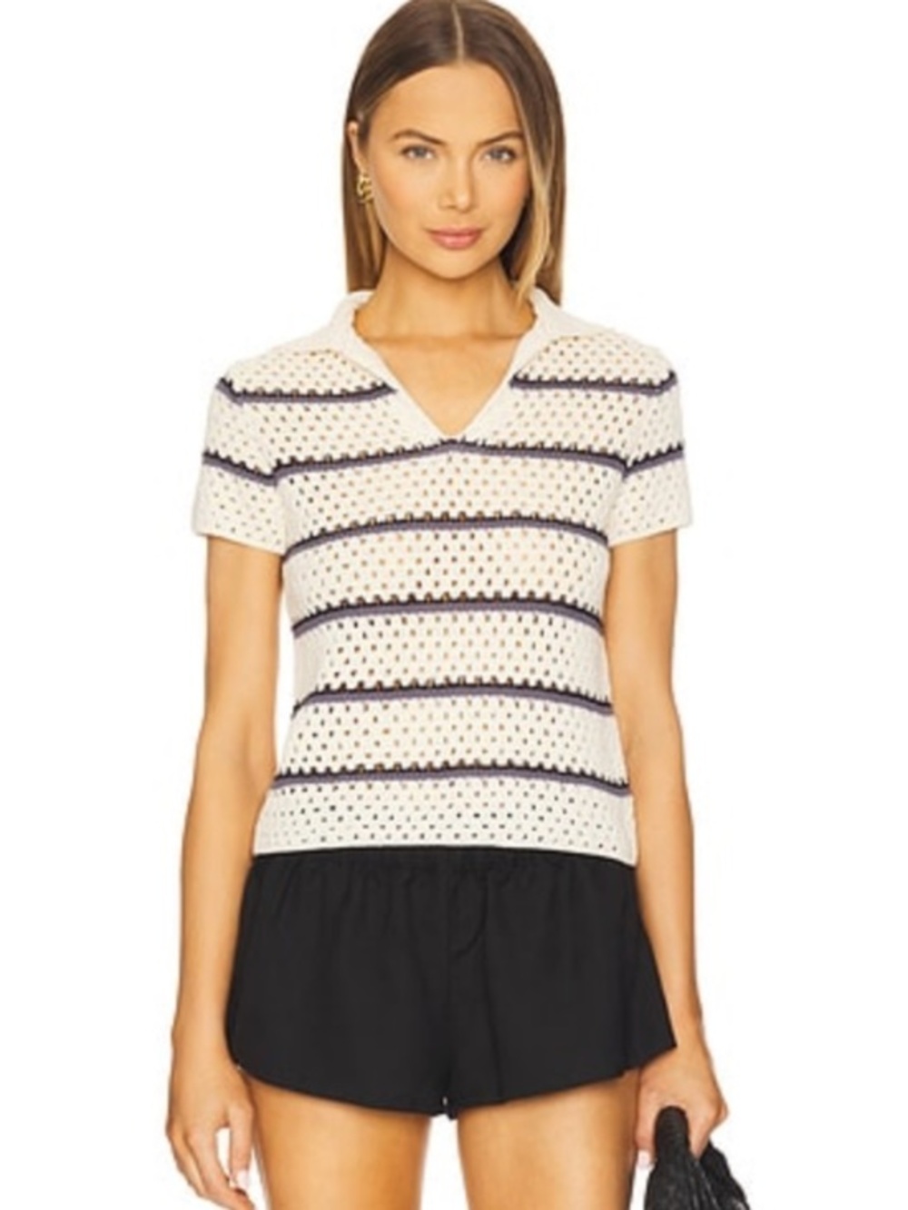 Vince Macrame Stripe Henley Top in Off White Combo 100% Cotton Size XS